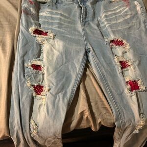 Bold Red and Blue Skinny Jeans with Distressed Style